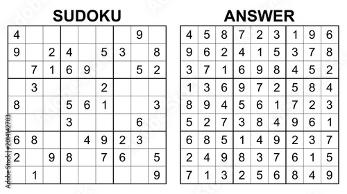 Vector sudoku with answer 79. Educational game with numbers for kids and leisure for adult on white background.