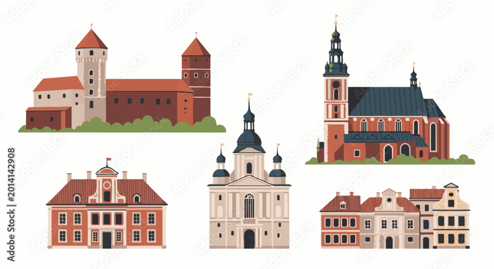 Fototapeta premium Collection of stylized old European buildings and a castle