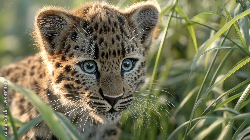 Fototapeta premium Leopard Cub in Lush Habitat: Captivating image of a leopard cub with striking blue eyes, nestled amidst vibrant greenery, exuding an aura of innocence and curiosity.