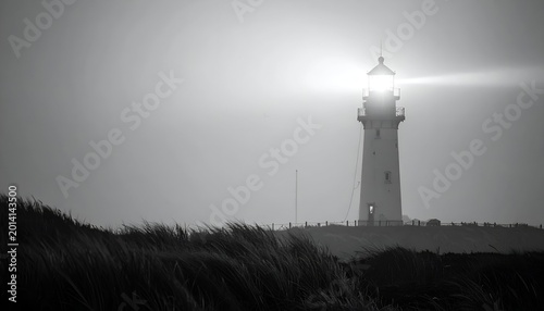 Grayscale lighthouse with bright beacon shining over grassy dunescape