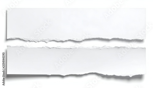 Two white ripped paper strips isolated against a white background