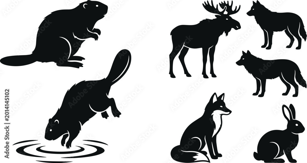 Εκτύπωση καμβά Black animal silhouettes set featuring beaver moose wolf fox and rabbit vector c