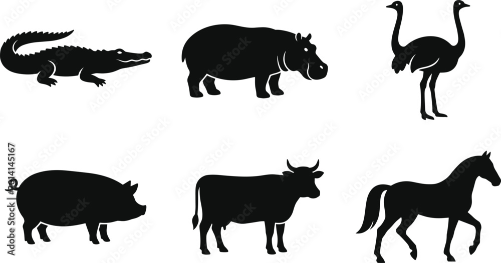 Wall Mural Black animal silhouettes set featuring crocodile hippopotamus ostrich pig cow ho