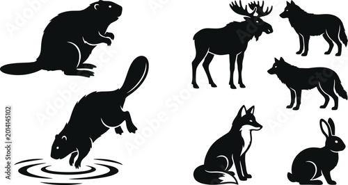 Photography Black animal silhouettes set featuring beaver moose wolf fox and rabbit vector c