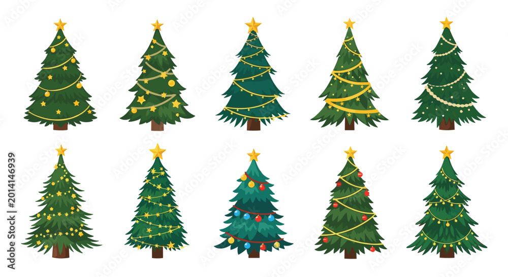 Obraz premium Ten ornate Christmas tree illustrations adorned with glowing stars, golden garlands, and colorful baubles arranged in a professional horizontal grid on white.
