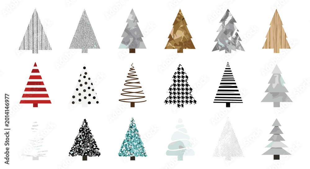 Obraz premium Fifteen minimalist Christmas tree illustrations featuring a diverse array of geometric patterns, textures, and graphic styles arranged in three rows on white.