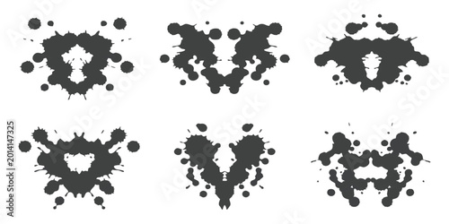 Slika na platnu Set of six black ink blot shapes with symmetrical designs used for psychological