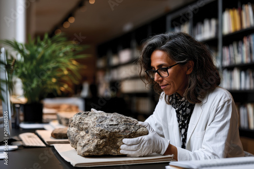 Scientist Carefully Examining Geological Specimen in Museum Study, Detailed Rock Formation Analysis, Pursuit of Scientific Knowledge, Natural History Research, and Curatorial Environment Scene