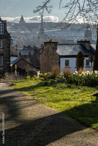 Lancaster Rooftops in the the spring from the castle with daffodils