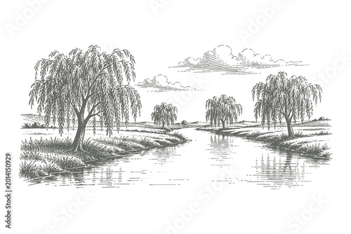 Fotografía Hand drawn woodcut style vector illustration of a wide river landscape featuring