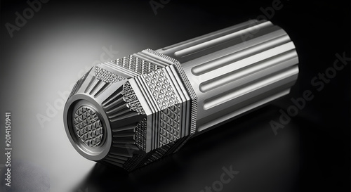 Futuristic Industrial Metal Capsule with Complex Knurled Texture and Ribbed Design, High-Tech Mechanical Part Engineering Concept, 3D Rendered Polished Steel Hardware Component