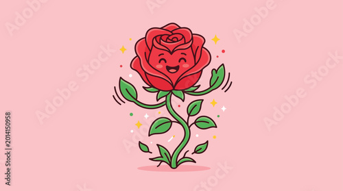 Obraz na plátně Cute cartoon rose character with happy face and leaves