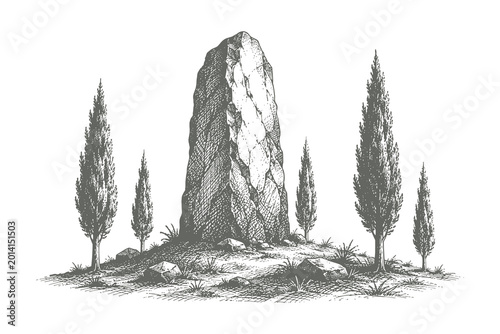 Billede på lærred Mysterious vintage etching style vector illustration of a tall standing stone mo