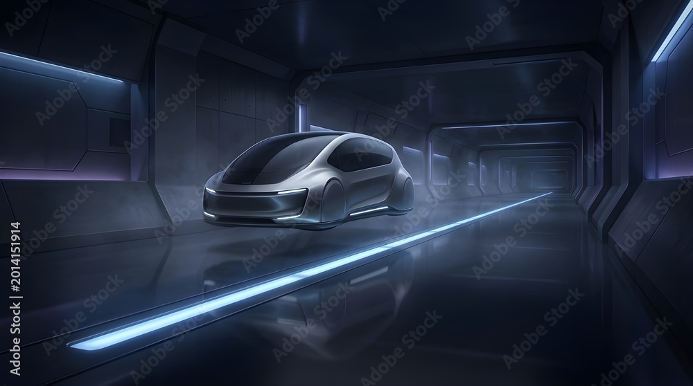 Fototapeta premium Sleek futuristic autonomous vehicle elegantly glides through a luminous high-tech tunnel, embodying the future of transportation and innovative design concepts