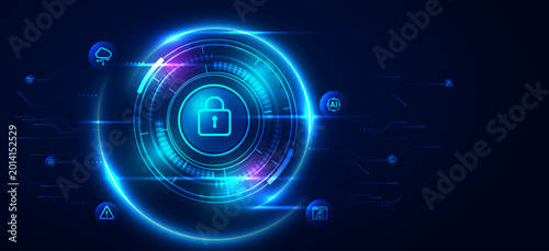 Cyber security background with glowing blue padlock and digital HUD circle.