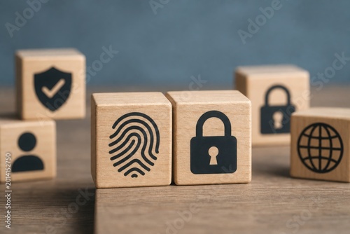 Wooden blocks with security icons like a fingerprint, padlock, and shield, symbolizing cybersecurity, data privacy, and identity protection.