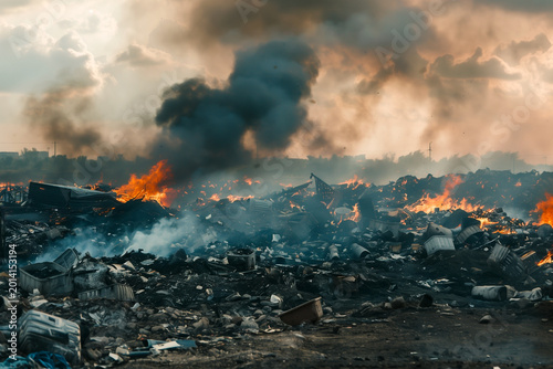 garbage dump is burning and smoking with poisonous smoke