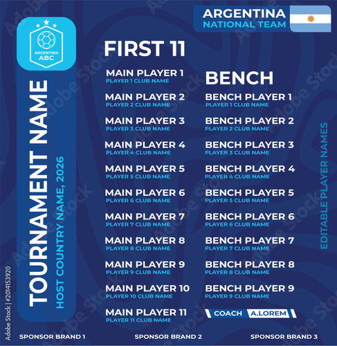 Argentina National Football Team Lineup Template Editable First 11 & Bench Player List
