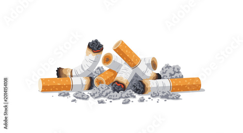 A disorganized heap of extinguished cigarette butts and loose gray ash rests upon a plain white background in this high resolution studio illustration for health care.