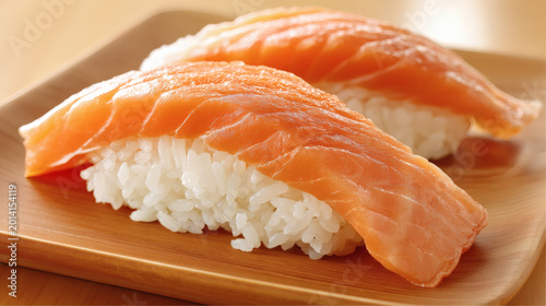 down view of a single premium salmon nigiri positioned off-center for a modern minimalist look. Natural surface moisture and clear knife details on the fish surface. Hand-formed sushi rice with 