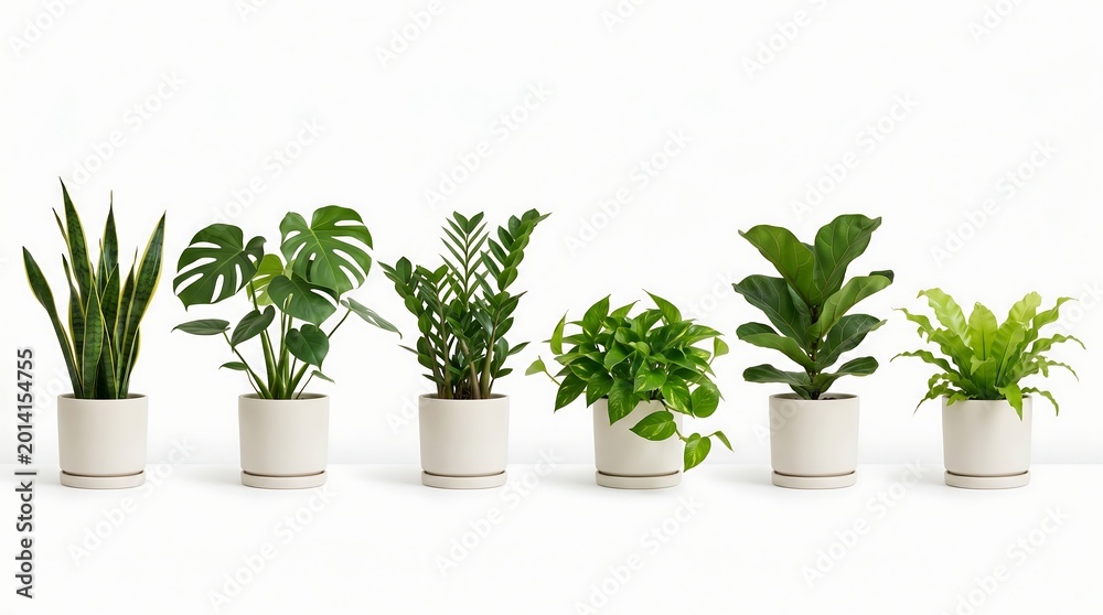 Fototapeta premium Six potted indoor plants arranged on white background with fiddle leaf fig zz plant houseplants collection lifestyle botanical interior decoration isolated
