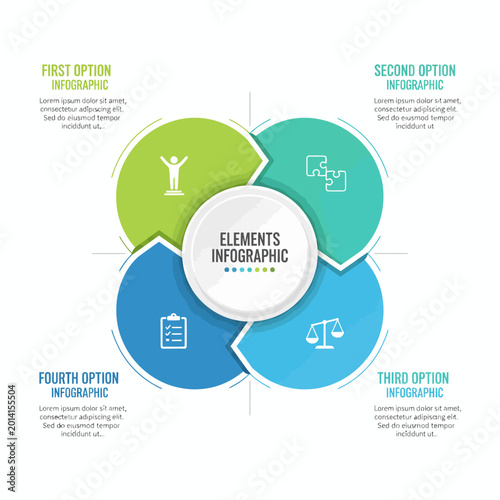 Infographic showcasing elements with four options and icons on a white background