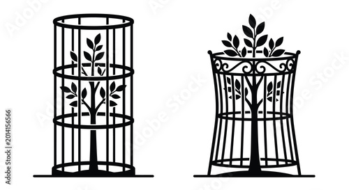 Schilderij op canvas Wrought iron plant cages with trees and leaves black silhouette