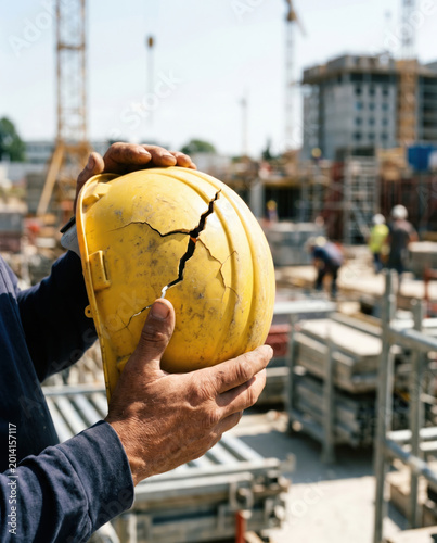 Cracked Safety Helmet Showing Construction Site Impact Damage and Workplace Safety Risk