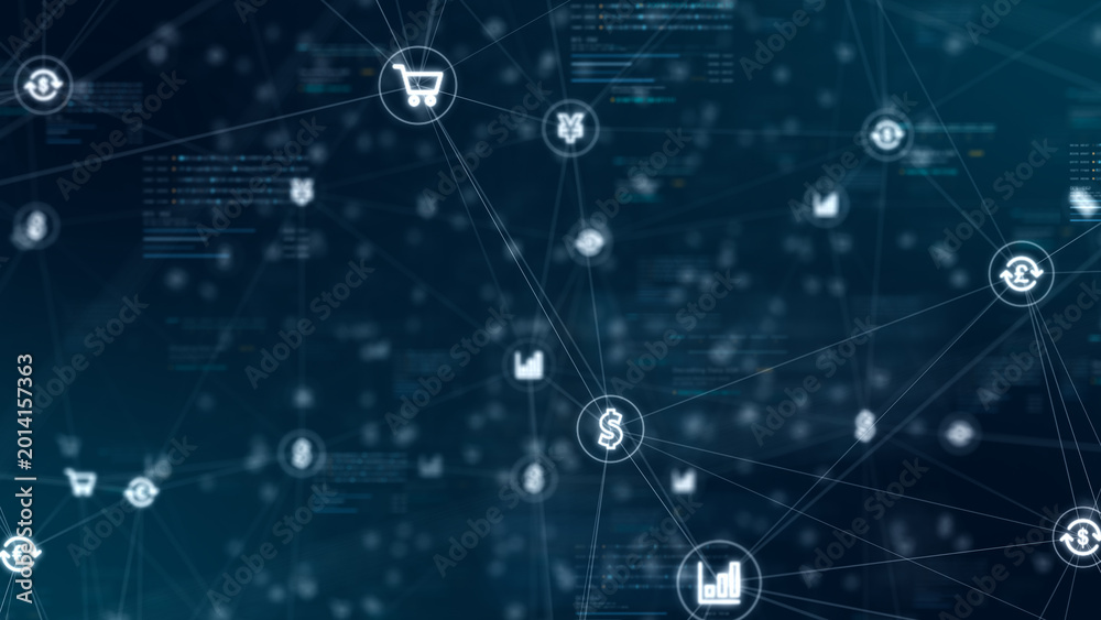 Fototapeta premium Fintech network background with currency icons, shopping cart, analytics chart, and connected data lines for digital commerce presentation and web design.