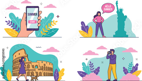 Fényképezés Summer travel and tourism illustration set with vacation landmarks smartphone ph