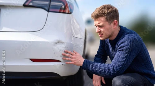 Obraz  z motywem Man inspecting car damage after accident checking bumper scratch dent collision white vehicle outdoor road insurance claim repair maintenance cost automotive trouble worry stress.