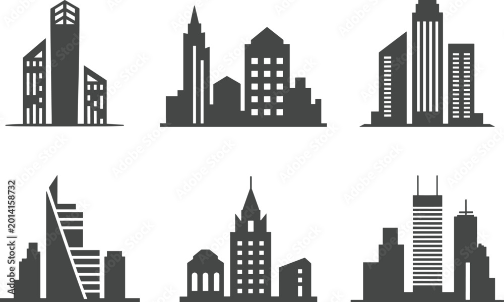 Obraz premium Minimalist black and white skyscraper and city building icons collection featuring modern urban architecture vector illustration set