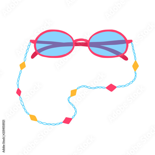 Pink oval sunglasses with blue lenses and decorative chain