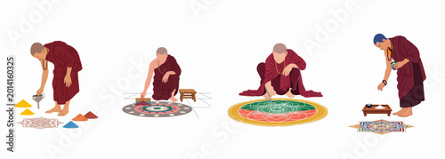 Fotografija Set of illustrations showing Buddhist monks in maroon robes meticulously creating colorful sand mandalas on the floor, a sacred and meditative spiritual practice