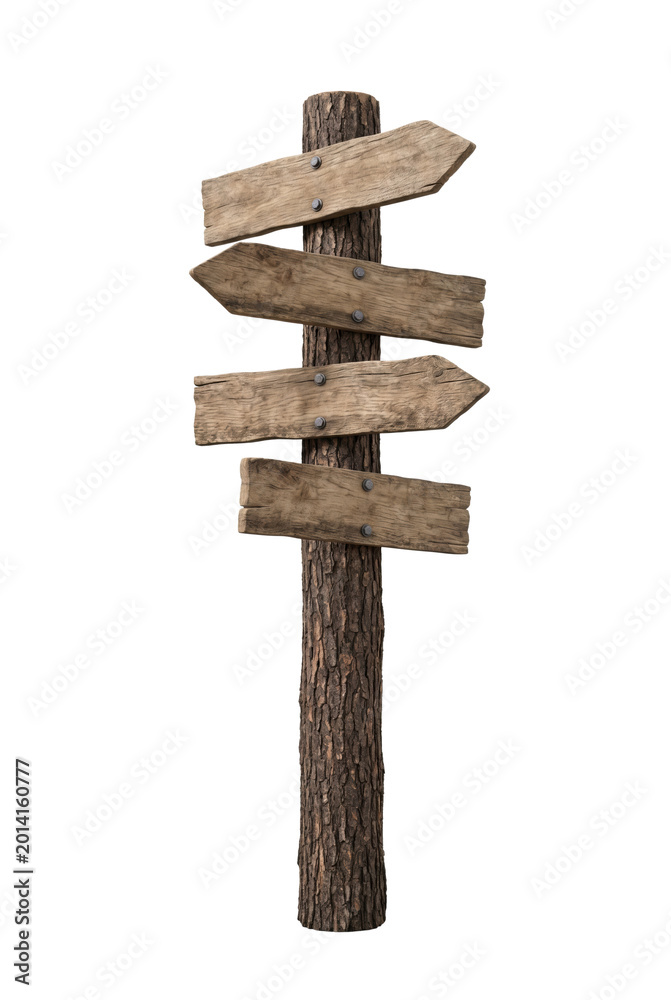 Fototapeta premium Wooden tree trunk signpost with arrows isolated. Rural directional guide template.