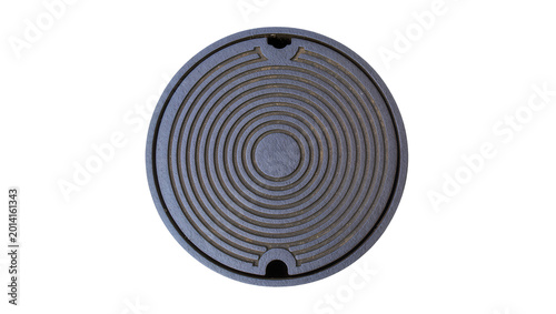 Fotografie Isolated industrial circular metal manhole cover with a decorative concentric pa