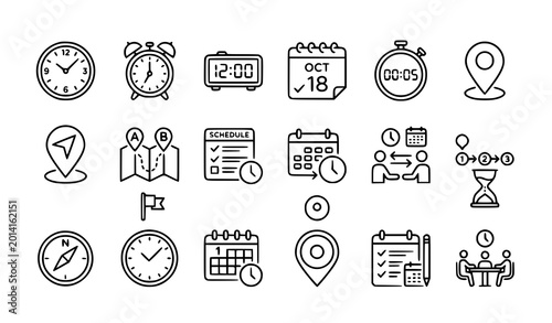 Time and location scheduling thin line icon set with clocks maps and calendars editable stroke vector