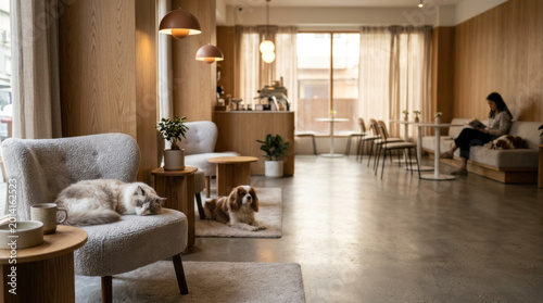 Cozy Pet Cafe Interior with Relaxing Dog and cat 