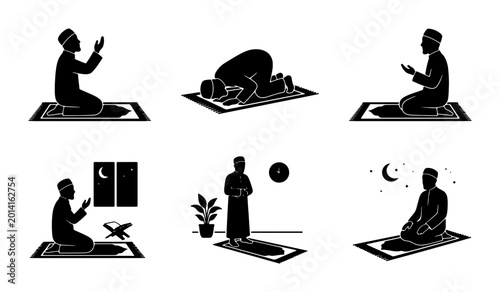 Tableau sur toile Islamic Prayer Poses Vector Icons, Muslim Worship Positions, Ramadan Salat Gestu