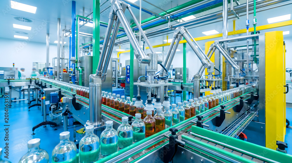 Fototapeta premium Automated pharmaceutical production line filling liquid into bottles on conveyor belts