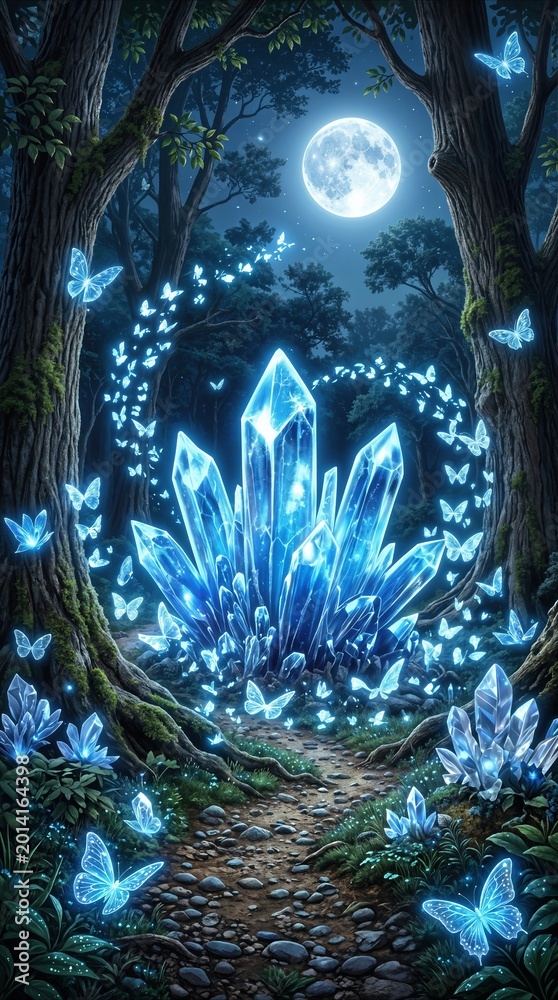 Fototapeta premium Crystal formations glowing in enchanted forest at night. Magical butterflies swarming around quartz clusters under full moon.
