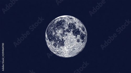 Detailed hand-drawn illustration of a full moon with intricate line work and craters, presented in a minimalist engraving style on a dark blue background for a celestial and artistic look