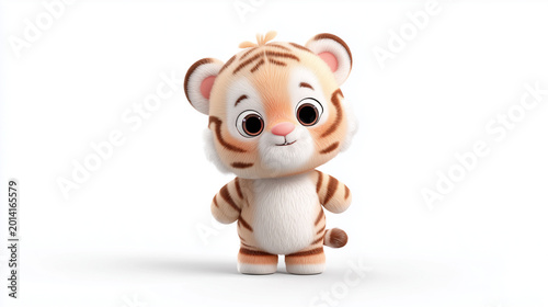 Adorable 3D cartoon baby tiger character featuring soft fluffy fur, large expressive eyes, and a friendly smile, isolated on a clean white background for versatile commercial and creative use