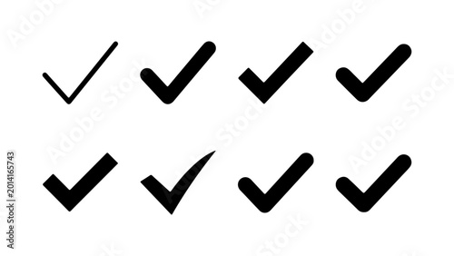 Set of eight check marks indicating approval or completion with approval completion positive