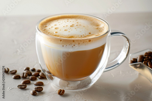 macchiato coffee in a clear glass mug