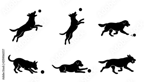 Bild auf Leinwand Dog Playing with Ball Silhouette Set, Action Poses Vector Collection, Canine Fet