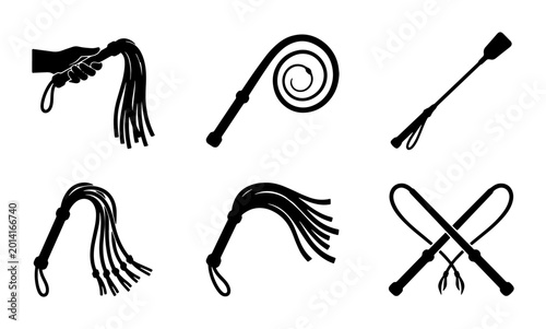 Tableau sur toile Collection of Six Black Silhouette Whips, Diverse Styles, BDSM Accessories, Adul
