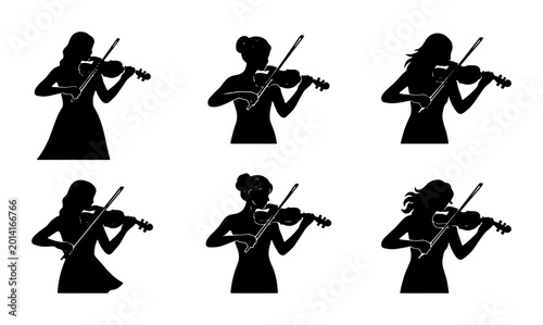 Bild auf Leinwand Six Silhouette Vector Illustrations of Women Playing Violin, Classical Music Per