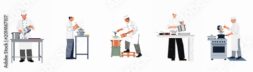 Schilderij op canvas Set of professional male chefs in white uniforms cooking, stirring, and pouring food in various kitchen settings, isolated on a white background