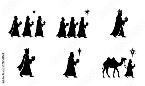 Foto Three Wise Men Nativity Silhouettes, Christmas Magi Procession Vector Icons, Rel